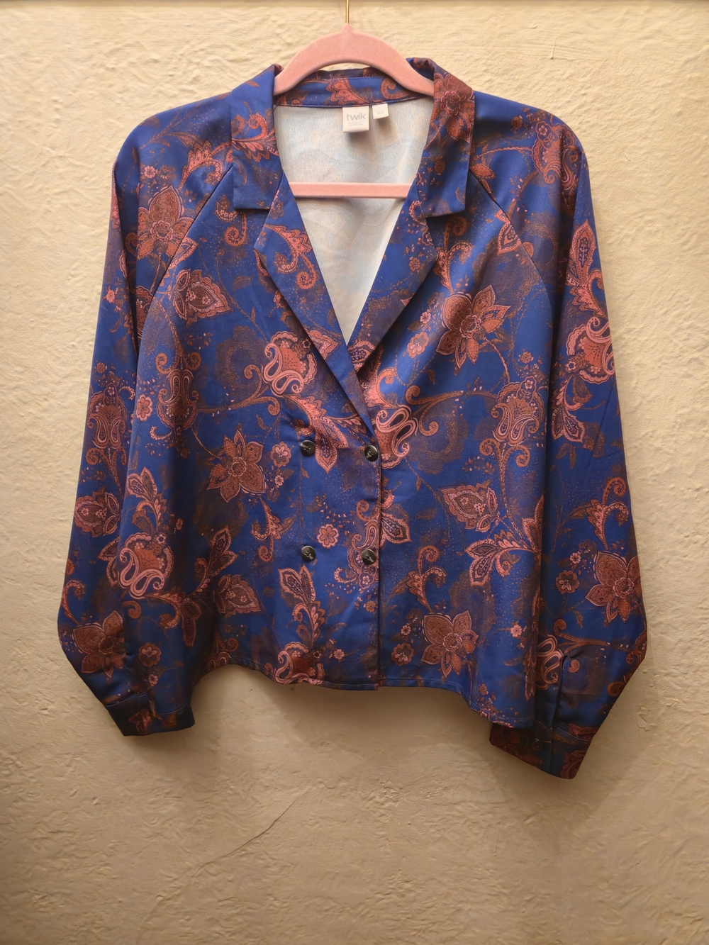 🔥3/15$Twik Simons Blue Paisley Satin Button Up Blouse Size L Retro Floral Shirt - Picture 4 of 9